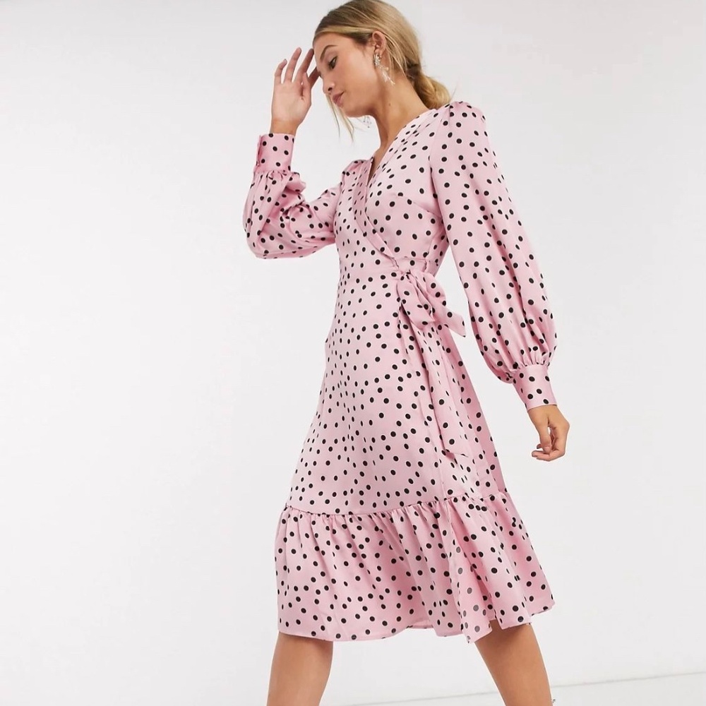 Vero Moda wrap midi dress with ruffle hem in pink polka dot - Picture 2 of 3